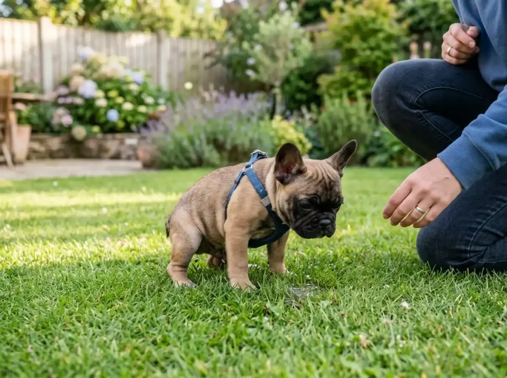 French Bulldog potty training puppy outside on grass