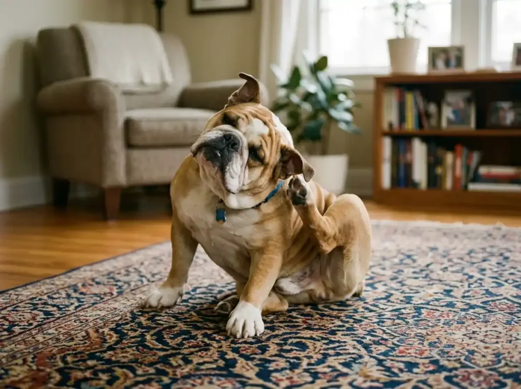 bulldog allergies symptom — dog scratching and itching