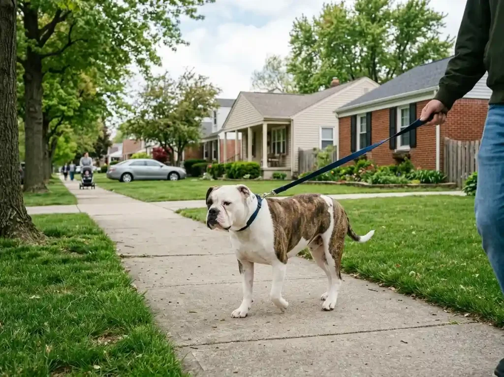 American Bulldog guard dog standing alert at home