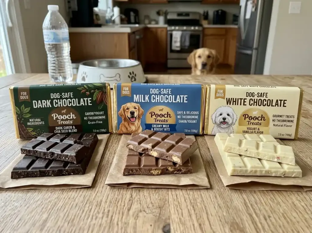 Side-by-side comparison of dark, milk, and white chocolate bars
