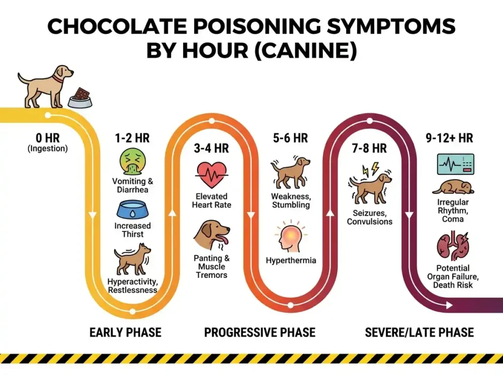 chocolate toxicity symptoms timeline in dogs